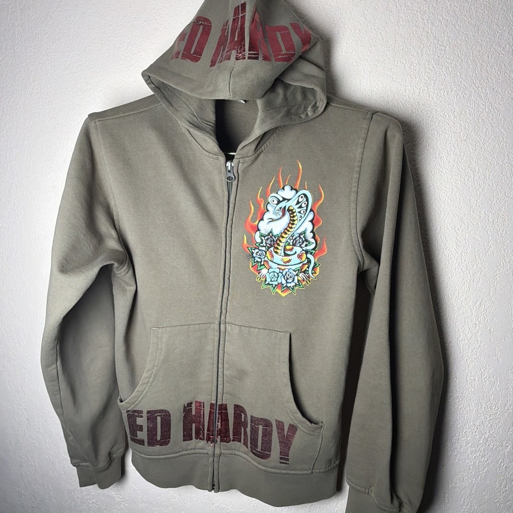 Ed Hardy Skull Snake Tattoo Full Zip Cropped Hoodie Womens L Black Cobra Olive